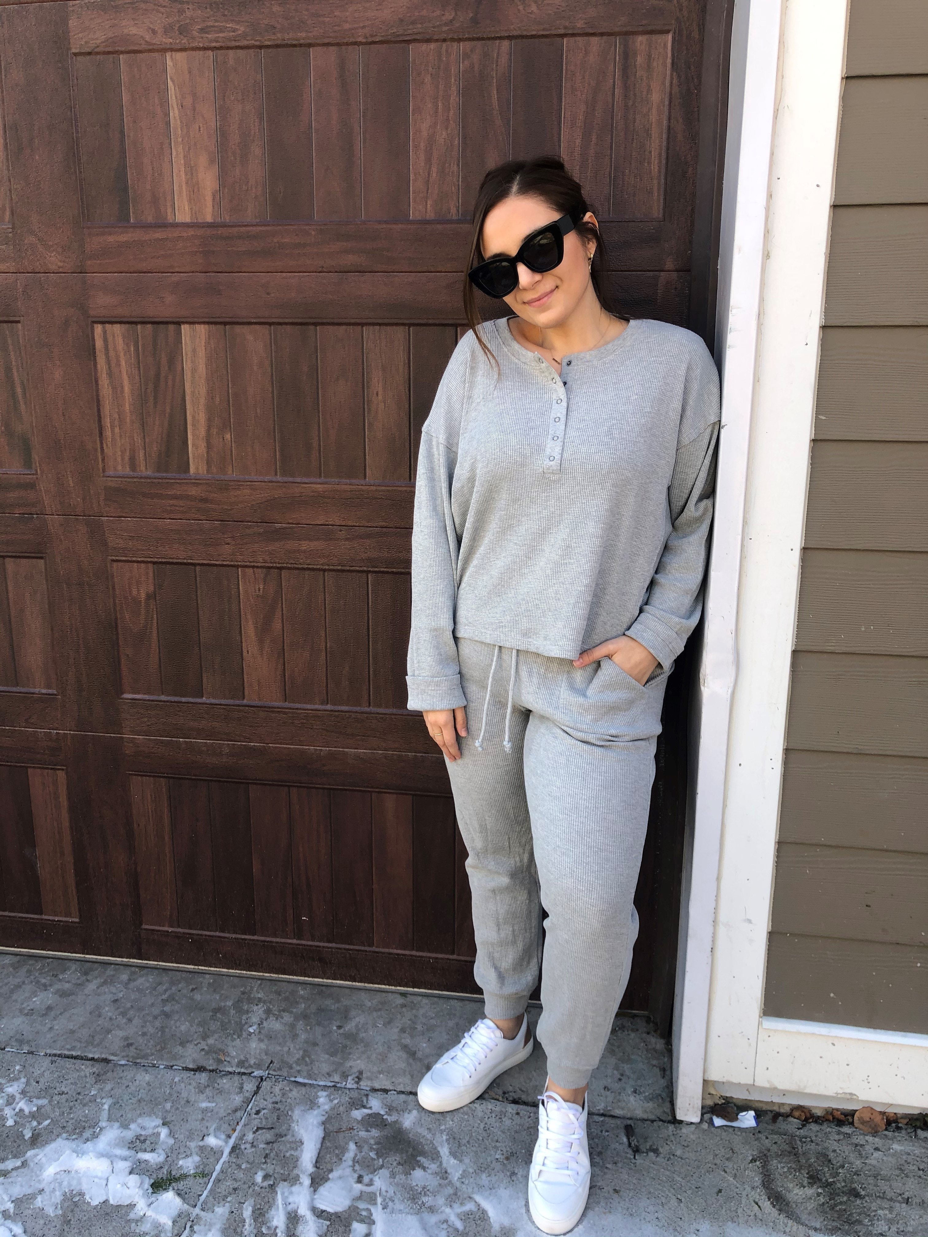 BUTTON UP WAFFLE KNIT SET - HEATHER GREY