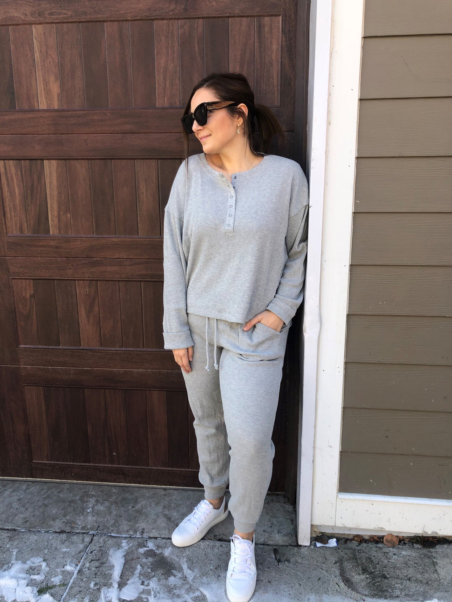 BUTTON UP WAFFLE KNIT SET - HEATHER GREY