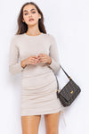 LONG SLEEVE ROUND-NECK SIDE RUCHING DETAIL KINT DRESS - TAUPE