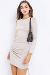 LONG SLEEVE ROUND-NECK SIDE RUCHING DETAIL KINT DRESS - TAUPE
