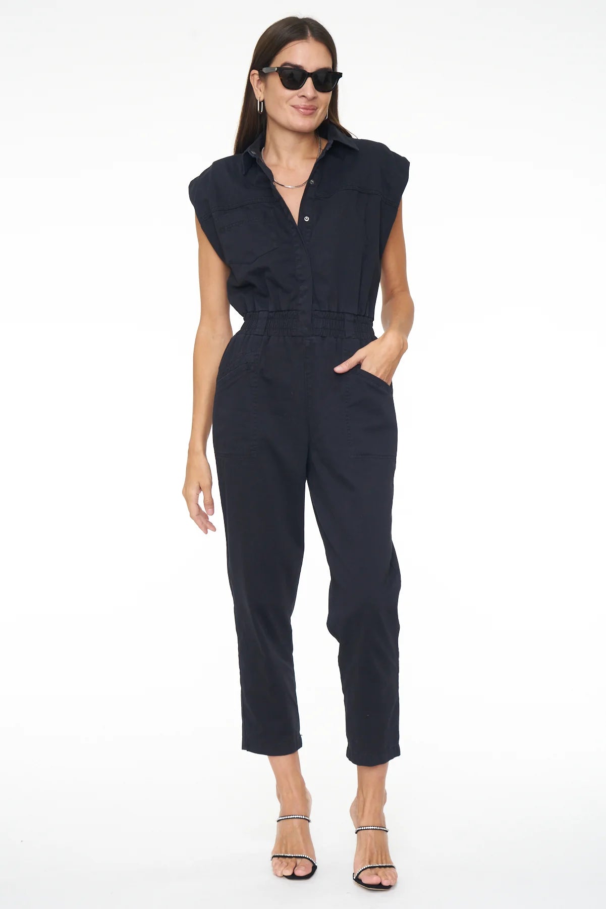 ROSIE SHOULDER PAD JUMPSUIT - FADE TO BLACK