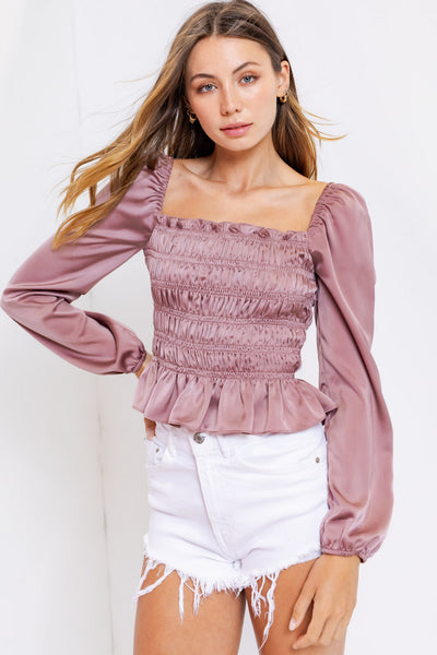 PUFF SLEEVE SQUARE NECK SHIRRING TOP - MUAVE
