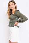 PUFF SLEEVE SQUARE NECK SHIRRING TOP - OLIVE