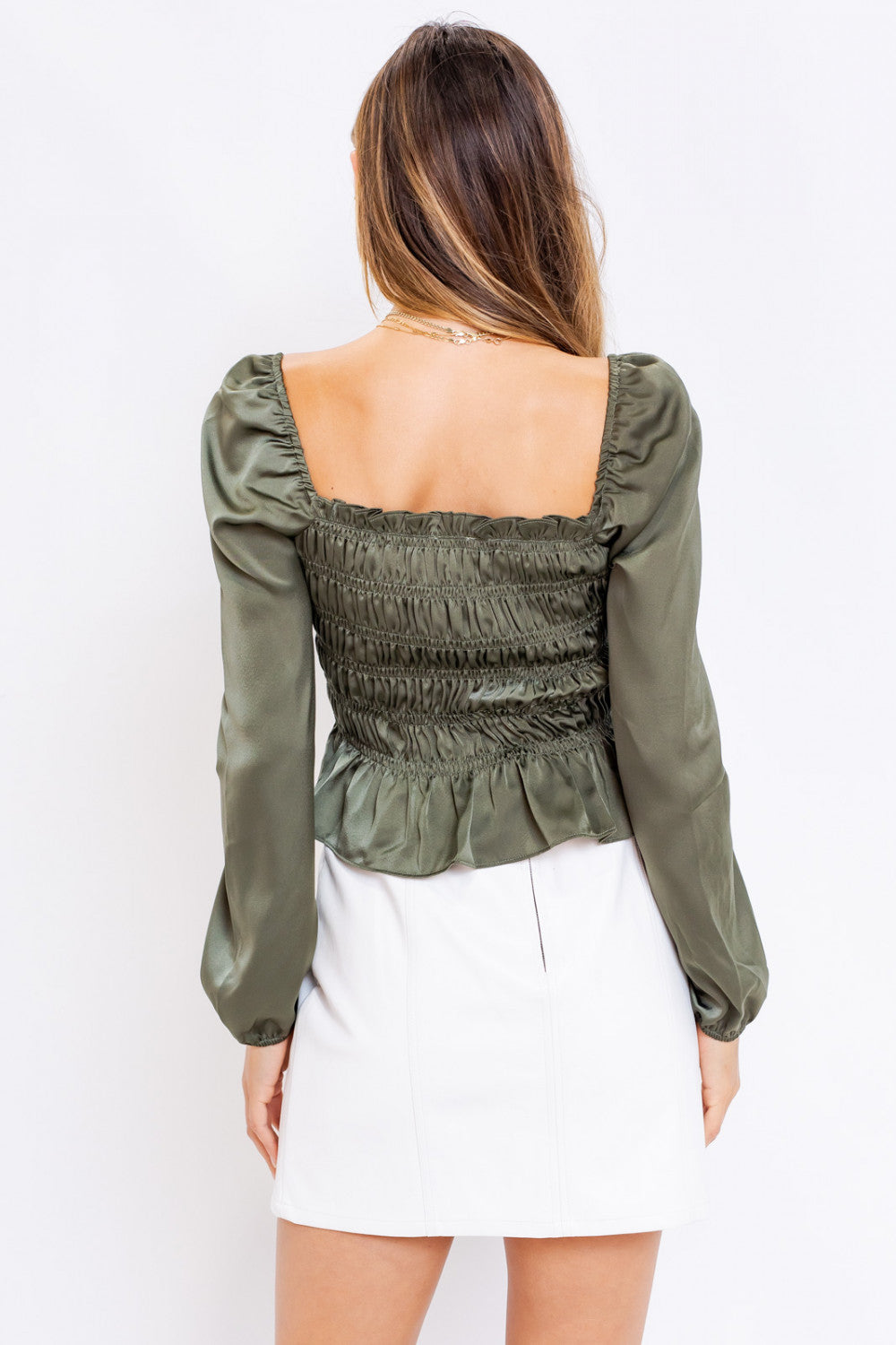 PUFF SLEEVE SQUARE NECK SHIRRING TOP - OLIVE