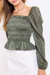 PUFF SLEEVE SQUARE NECK SHIRRING TOP - OLIVE